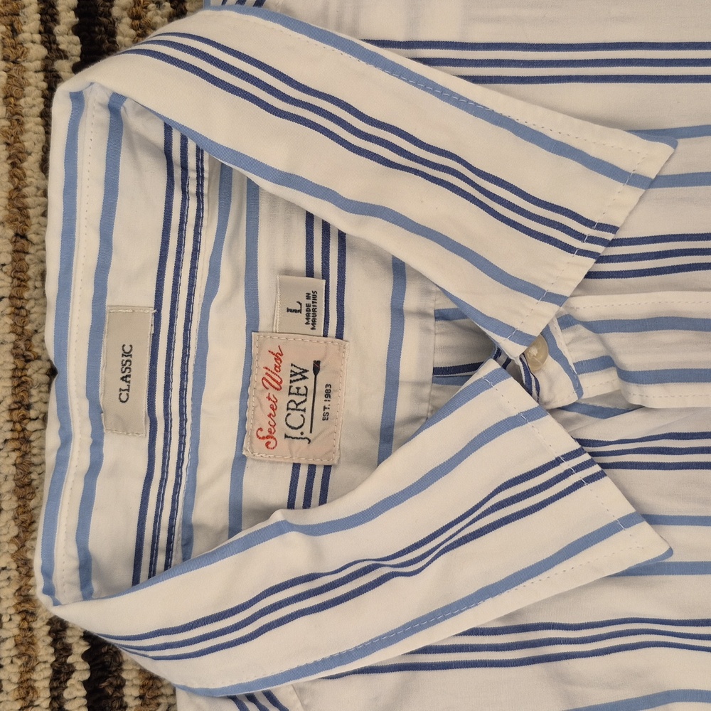 J CREW Secret Wash White Blue Striped Cotton Mens Large Short Sleeve Shirt NEW - Picture 2 of 9